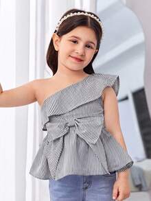 SHEIN Young Girl Cute Asymmetric Striped One-Shoulder Blouse With Large Bow, Young Girl - Black and White - View 3