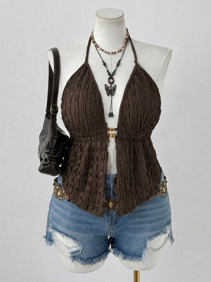 Sunspun Y2K美式朋克纹理露脐吊带系带背心（女款） - 棕色 - 查看 1