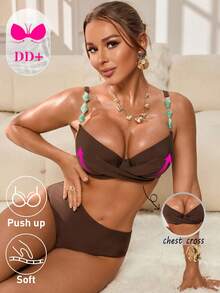 Swim DD+ Women's Sexy Underwire Push-Up DD+ Cup Bikini Set, Made Of Shiny Nylon Fabric With Resin Green Gemstone Strap, Suitable For Spring/Summer - Brown - View 5