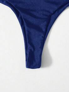 Swim Basics 2026 New Women's Swimwear Arrival Women's Solid Color Sexy Bikini Swimsuit Set, Summer Beach Navy Blue Bikini Set Solid Color Bikini Set Plain Bikini V Cut Bikini Thin Strap Bikini Thong Bikini String Bikini Thong Bikini Bottom - Navy Blue - View 3