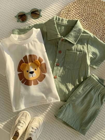 SHEIN 3 peças/Conjunto inclui Camiseta Branca Estampada, Cardigã de Algodão Casual Fofo de Manga Curta, Shorts de Cintura Elástica, Conjunto de Verão para Menino Bebê