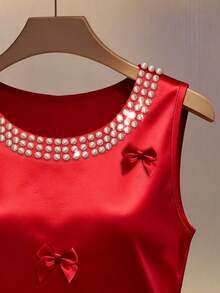 Franclia Women's New Spring/Summer Casual Vintage Style Elegant Commute Vacation Daily Wear Party Party Afternoon Party Round Neck Satin Collar Beaded Faux Pearl Decoration Bow Red Vest With Bow Burgundy Top Vest Round Neck Faux Pearl Decoration Burgundy T-Shirt Birthday Concert Valentine's Day Top Valentine's Day T-Shirt Valentine's Day Shirt Birthday Party - Burgundy - View 4