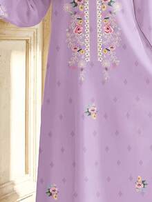 Áo Jalabiya trẻ em màu tím họa tiết hoa, thanh lịch, cổ điển, thêu hoa, kiểu dáng truyền thống tối giản, tay dài, phù hợp cho bé gái tuổi teen vào mùa xuân/hè, váy tay dài kín đáo, áo Abaya cầu nguyện, thoải mái dễ chịu, trang phục thường ngày, phong cách nghỉ dưỡng, áo Kaftan kín đáo, áo Jalabiya trẻ em, áo Jalabiya cho bé gái tuổi teen - trắng - Xem 7