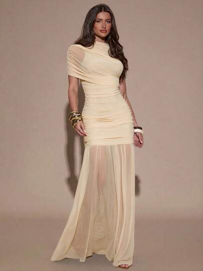 SHEIN BAE Vestido ajustado con pliegues elegantes, adecuado para cóctel, cita romántica, capas de otoño/invierno, fiesta, reunión formal, Halloween, Navidad