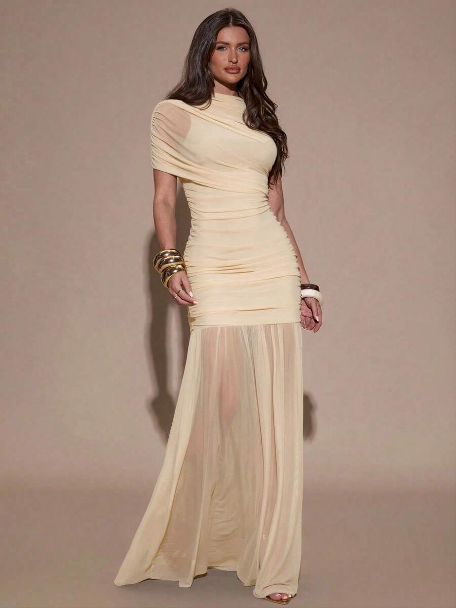 SHEIN BAE Váy ôm body nhún bèo thanh lịch, thích hợp cho tiệc cocktail, hẹn hò lãng mạn, mặc nhiều lớp mùa thu/đông, tiệc tùng, tụ họp trang trọng, Halloween, Giáng sinh - Màu be - Xem 1