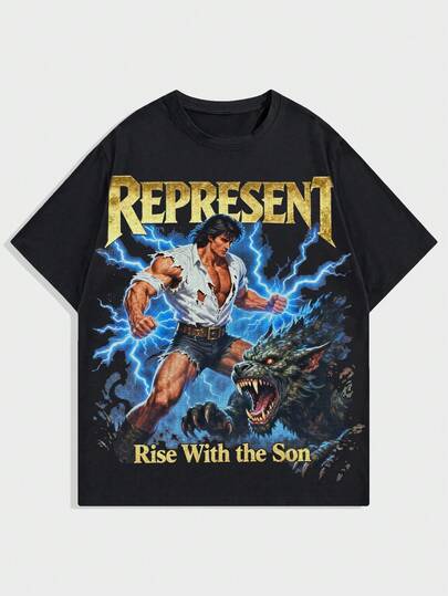 Herren Lässige modische Streetwear Pendler Anime Charakter Monster Slogan Muster Kurzarm Schwarz T-Shirt, Sommer