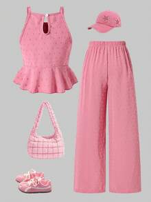 SHEIN ChillGRL Bộ đồ 2 mảnh dành cho bé gái tuổi teen, gồm áo tank top không tay cổ yếm màu hồng với thiết kế cắt xẻ độc đáo và quần ống rộng thẳng, thích hợp cho những buổi đi chơi thường ngày, kỳ nghỉ thư giãn và trang phục ngọt ngào, lý tưởng cho mùa xuân và mùa hè. - Hồng - Xem 2