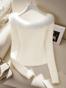 Franclia Sexy et élégant T-shirt blanc à manches longues, col bateau, ajusté avec bordure en fourrure pour femmes. Convient pour les rendez-vous, les fêtes et les rassemblements, automne/hiver - Nude - Voir 1