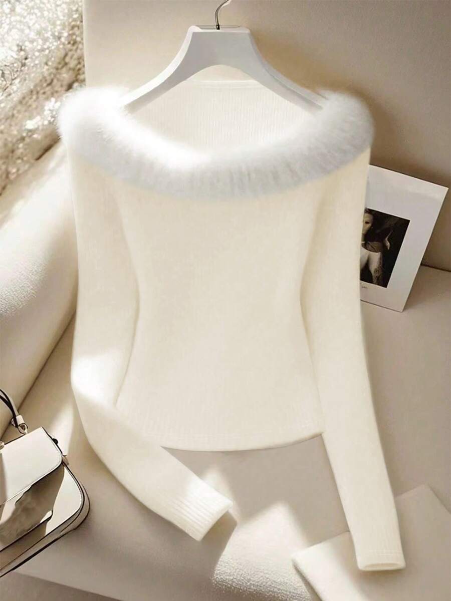 Franclia Sexy et élégant T-shirt blanc à manches longues, col bateau, ajusté avec bordure en fourrure pour femmes. Convient pour les rendez-vous, les fêtes et les rassemblements, automne/hiver - Nude - Voir 1