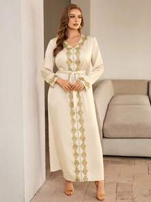 Roveilla Vestido de manga larga con cuello en V, cintura con lazo y puños con volantes, estilo patchwork, talla grande, estilo de Oriente Medio - Albaricoque - Ver 7