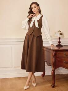 Vintamour 复古经典优雅女士两件套，修身撞色系带衬衫搭配半身裙，咖啡棕色两件套，秋冬款 - 咖啡棕 - 查看 7