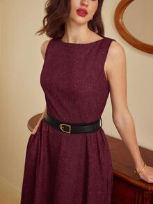 Vintamour 复古优雅女士连衣裙，春夏修身船领无袖连衣裙，灰色，带口袋，腰带，喇叭下摆，长款连衣裙 - 酒紅色 - 查看 6