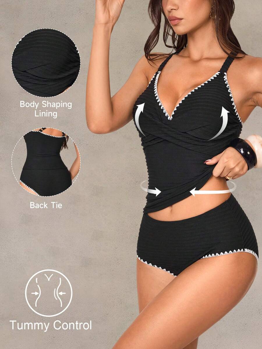 Shapewave Criss-Cross Strap Ribbed Texture Vacation Bikini Set - Black - View 1