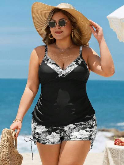 Swim Lushoire Conjunto de tankini de traje de baño de talla grande para mujer con estampado de plantas tropicales y parches, con tirantes de espagueti