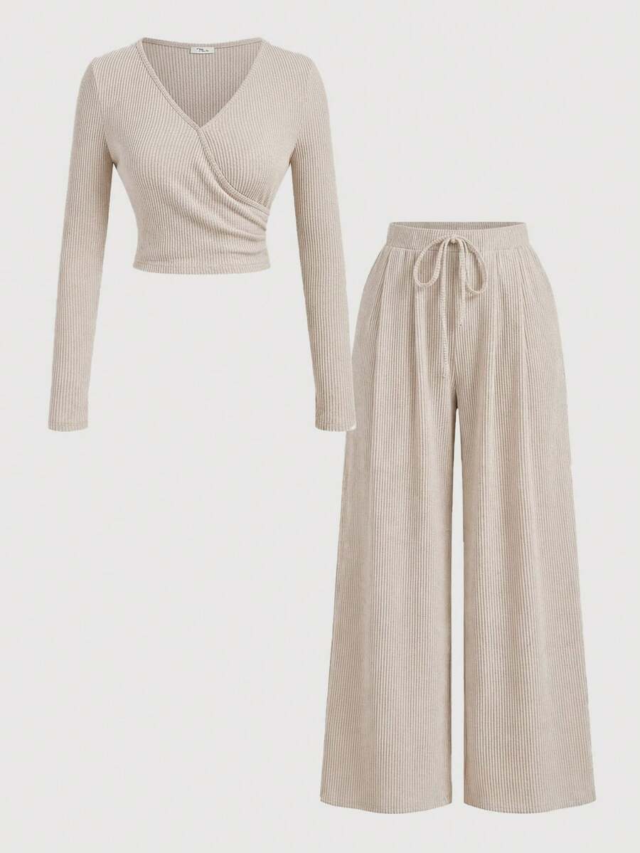 SHEIN MOD Women's Khaki Casual Brushed Ribbed Long Sleeve T-Shirt And Pants Set - Khaki - View 1