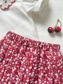 Playful Pals 2pcs Baby Girls Casual Floral Embroidery Puff Sleeve Shirt And Floral Pattern Ruffle Hem Skirt Set, Suitable For Spring/Summer, Vacation, Outing, Party, Daily Wear - Red - View 7