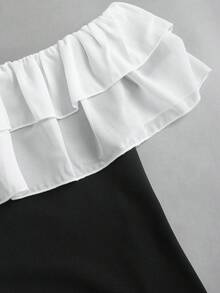 Sweetra Women's Contrast Color Ruffle Off-Shoulder Pleated Dress - Black and White - View 3