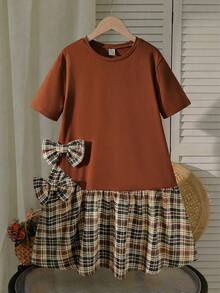SHEIN Tween Girl Loose Casual Minimalist Comfortable Round Neck Pullover Solid Color Patchwork Plaid Dress Tween Girl - Multicolor - View 2