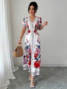 SHEIN PETITE 女士印花V领短袖系带优雅浪漫休闲日常连衣裙，适合约会、通勤、外出就餐、春夏穿着 - 彩色 - 查看 5