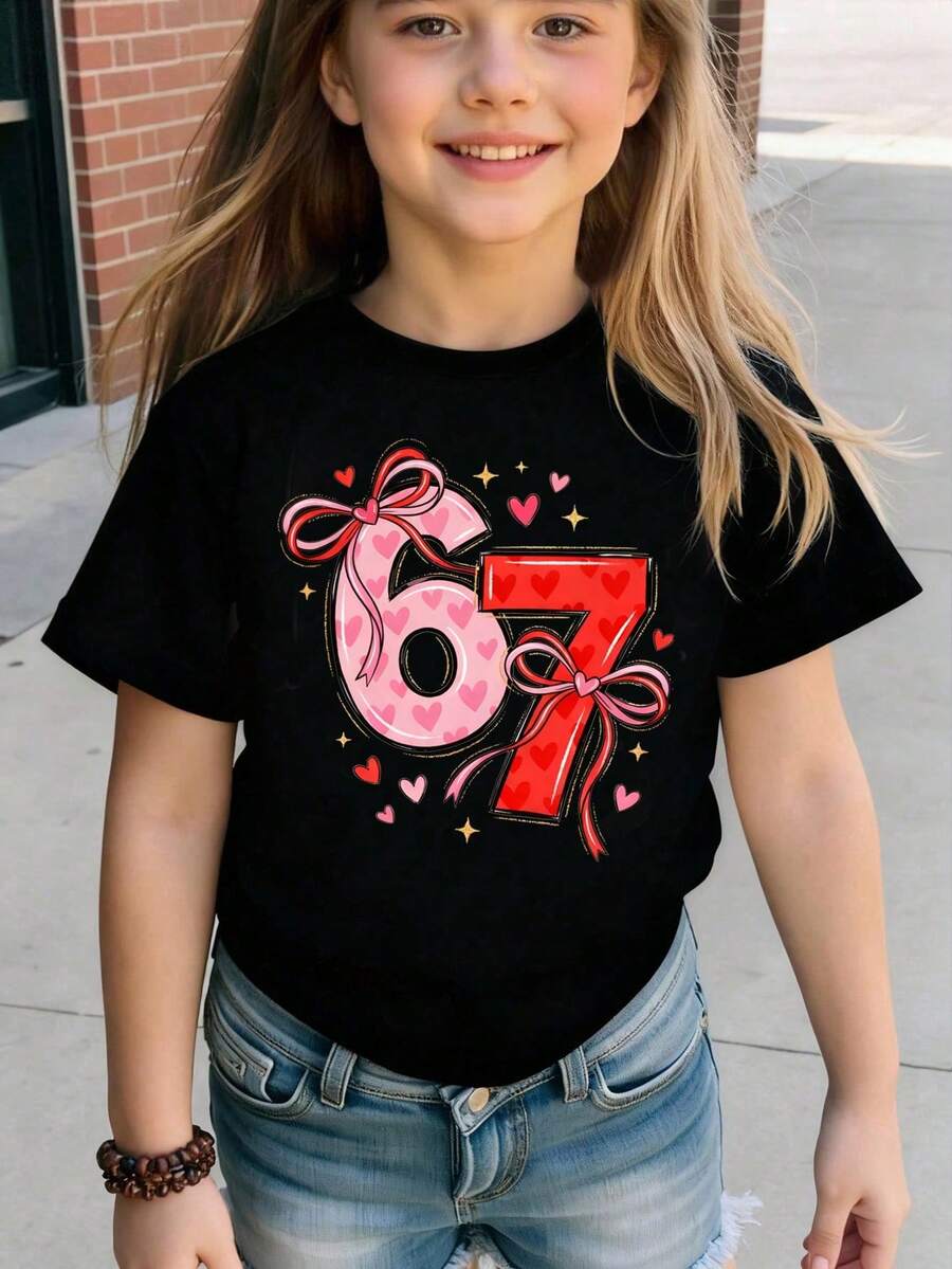 女童数字蝴蝶结印花圆领短袖休闲百搭T恤 - 黑色 - 查看 1