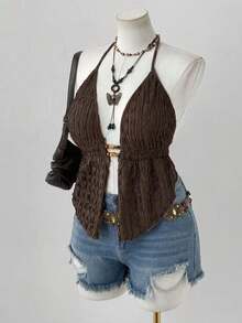 Sunspun Y2K美式朋克纹理露脐吊带系带背心（女款） - 棕色 - 查看 3