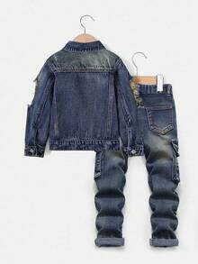 SHEIN 2 件套 Young BoyBlue 牛仔破洞领长袖夹克和弹力紧身裤套装 - 深色水洗藍 - 查看 3