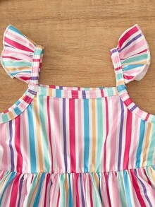 SHEIN Vintaside Kids 三件装女婴荷叶边吊带连衣裙，条纹配彩色花卉/粉色图案，甜美可爱，适合夏季玩耍和度假。 - 彩色 - 查看 5