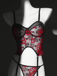 Seduluxe Classic, Elegant, Mature, Fashionable 2-Tone Lace Patchwork Mesh Garter Bra + G-String + 2pcs Leg Rings 4pcs Women Sexy Lingerie Set - Multicolor - View 3