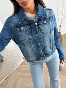 EURMUSE Flap Pocket Casual Comfort Denim Jacket - أزرق متوسط - مشاهدة 5