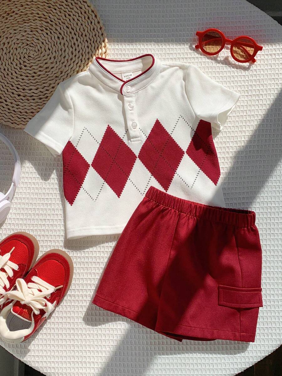 SHEIN 2件套 幼儿男童春夏酒红色格子短袖polo衫和短裤套装，男婴服装