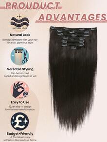 7 piezas de 120g Extensiones de cabello humano real de color negro natural con clips, extensiones de cabello humano recto Remy con clips - S1B - Ver 6