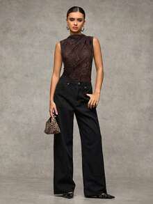 SHEIN BAE Black Lace Sleeveless Open Shoulder Ruched Bodysuits, Autumn, Halloween - Coffee Brown - View 6