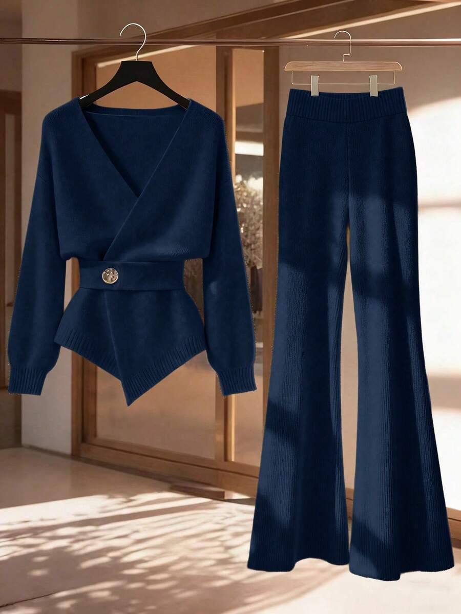 Franclia 2件套女士休闲宽松时尚优雅通勤高品质针织毛衣套装，秋冬季 - 藏蓝色 - 查看 1