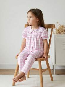 SHEIN 2pcs Girls Butterfly & Plaid Print Set, Peter Pan Collar Ruffle Trim Short Sleeve Top & Pants, Stretchy & Soft Fabric, Ideal For Casual Wear