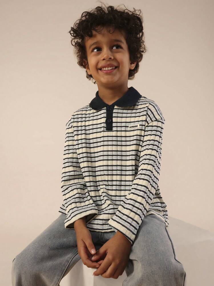 Long Sleeve Striped Polo With Contrast Collar