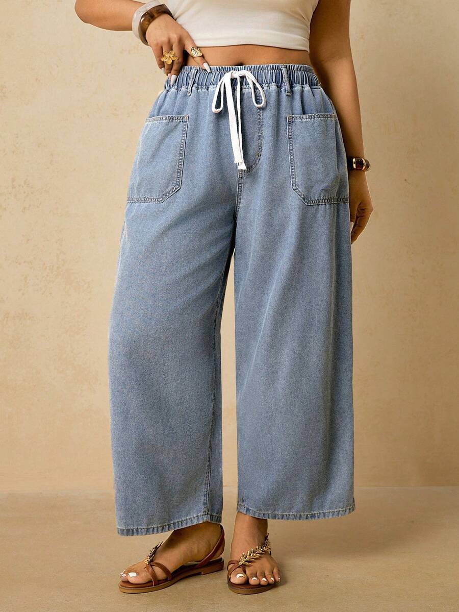Travachic Plus Size Women Loose Straight Leg Jeans, Elastic Waist With Drawstring, Light Blue Washed, Straight Leg Pants - Light Wash - View 1