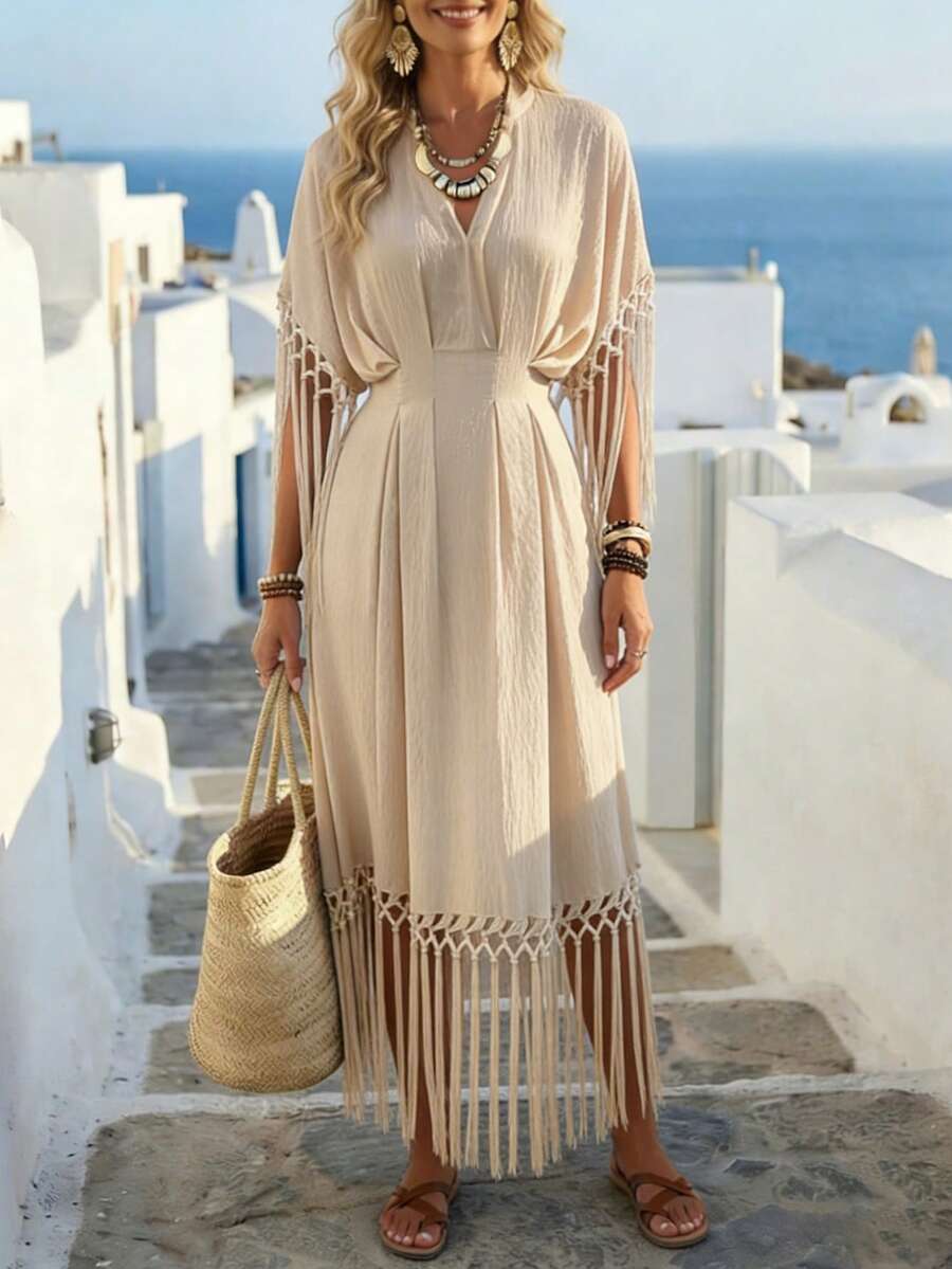 SHEIN Holidaya Vestido largo con cuello en V y decoración de flecos en la cintura para mujer - Albaricoque - Ver 1