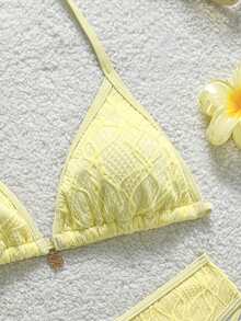 SHEIN 少女黄色提花纹理沙滩度假比基尼两件套 - 黃色 - 查看 7