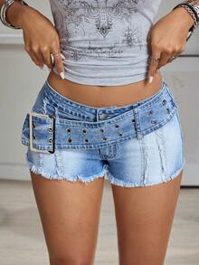 Jeanoix Y2K Fashion Low Waist Frayed Distressed Super Short Denim Jeans - Light Wash - View 1