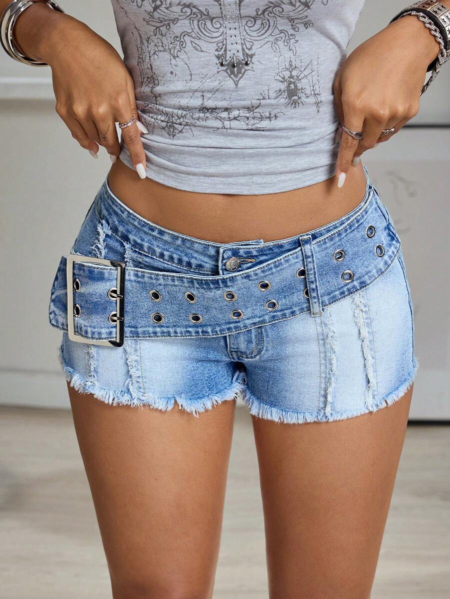 Jeanoix Y2K Fashion Low Waist Frayed Distressed Super Short Denim Jeans - Light Wash - View 1