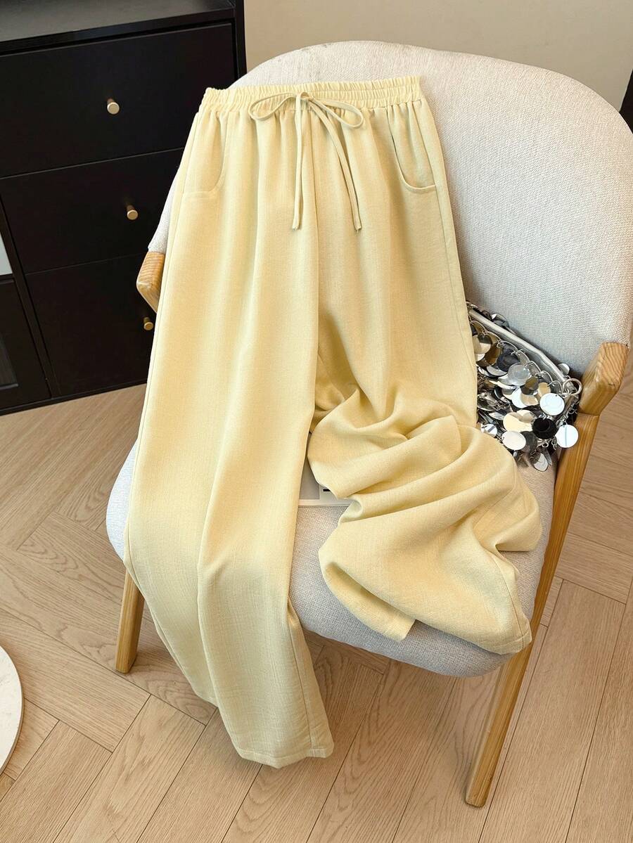 Franclia Soft, Drapey Textured Fabric High-Waisted Slimming Elastic Waist Casual Vacation Pants, Light Yellow, Spring/Summer - Light Yellow - View 1