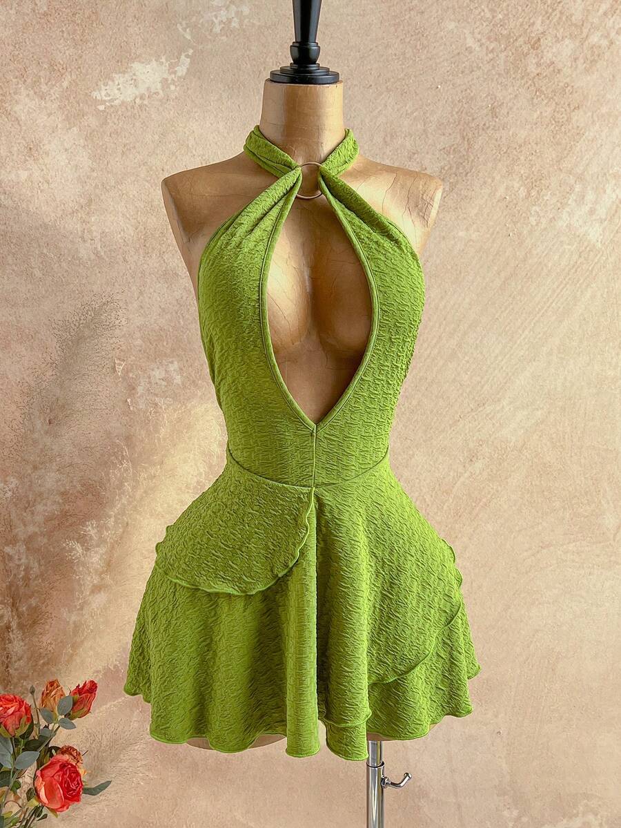 Soleia 女士荧光绿镂空荷叶边性感露背迷你连衣裙 - 白色 - 查看 1