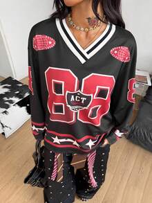 Coolane 女士秋冬街头风外出音乐节休闲运动印花V领长袖针织T恤 - 彩色 - 查看 4