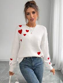 EMERY ROSE European And American Stylish Design Embroidered Heart Pattern Faux Mink Loose Pullover Sweater, Autumn/Winter Knit Pullover Fall Outfit - Red and White - View 6