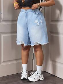 Slaydiva Women's Fashionable Commuter Casual Straight Leg Denim Shorts, Plus Size, Spring & Summer - Light Wash - View 4
