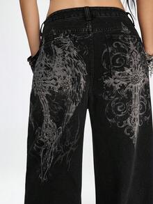 ROMWE Grunge Punk 女士休闲时尚街头十字翅膀印花低腰宽松阔腿牛仔裤 - 黑色 - 查看 6