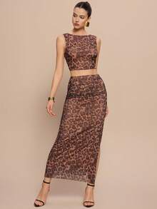 Leighera Bộ đồ 2 món thanh lịch dành cho nữ, gồm áo không tay và chân váy midi họa tiết da báo. - Cà phê nâu - Xem 6