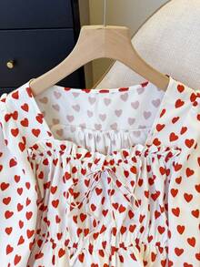 SHEIN Unity Women's Heart Print Lantern Sleeve Front Tie Blouse,Elegant White And Red Spring Autumn Cute Tops For Vacation,Valentine's Day And Tea Party Blouses - White - View 7