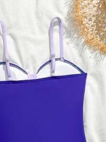 SHEIN 1件装女童撞色镂空设计弹力速干舒适针织面料海星装饰连体泳衣，适合海滩、泳池、冲浪、度假、夏季旅行 - 紫色 - 查看 4