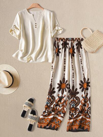 Rusticease Women's Solid Color V-Neck Short Sleeve Top And Wide Leg Pants Casual Outfit, Suitable For Summer Daily Wear  Coords For Women Casual Classy Elegant Women's Set Summer Outfits Spring Clothes Women Vacation Outfits For Women Vacation Floral Pattern Trousers And Short-Sleeved Suit